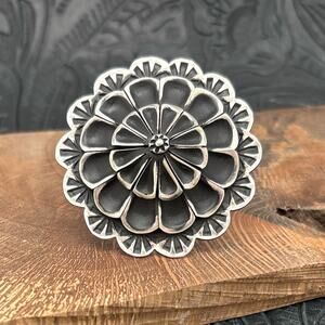 LEANDER TAHE Navajo Sterling Silver 3-D Flower Ring With Wide Adjustable Band
